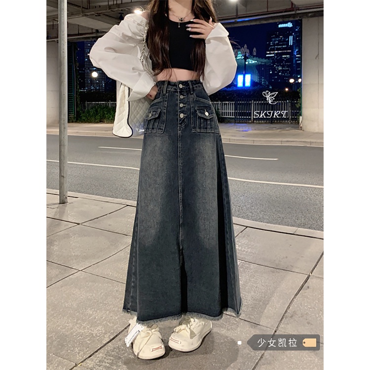 Red Rok rok denim pinggang tinggi wanita musim panas 2023 desain retro baru rasa ceruk ramping A-line rok rok panjang