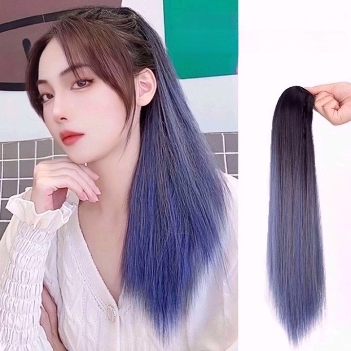 Wanita Gadis Gradien Warna Rambut Wig Alami Panjang Lurus Tinggi Ponytail Hair Extension