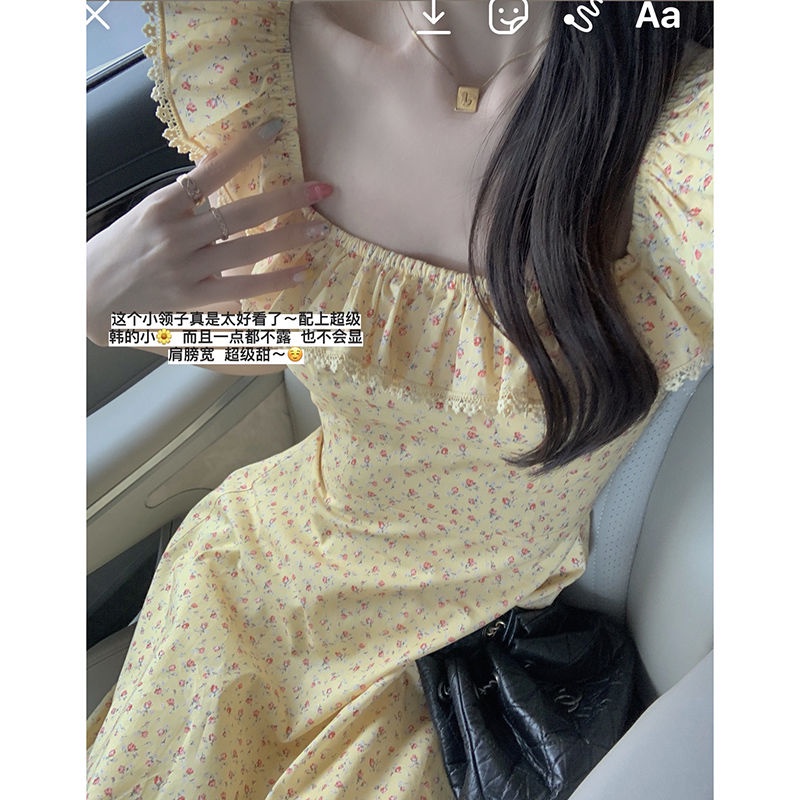 Red 2022 musim panas baru gaya Korea gaun wanita angin lembut tanpa lengan bunga kerah persegi ramping panjang rok a-line wanita