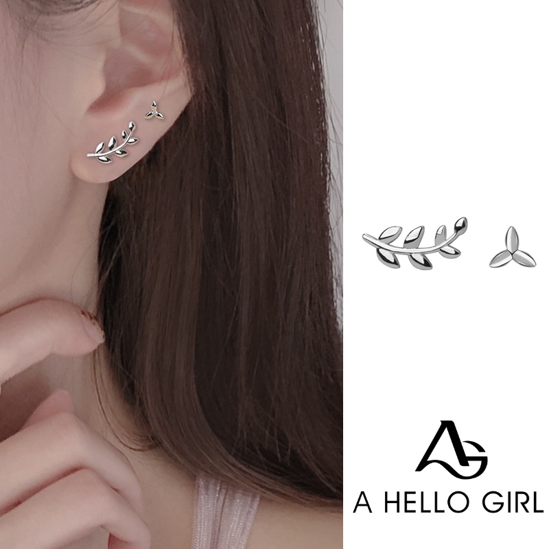 Anting Tusuk Asimetris Sterling Silver 925 Model Ranting Daun Zaitun Hypoallergenic Untuk Wanita