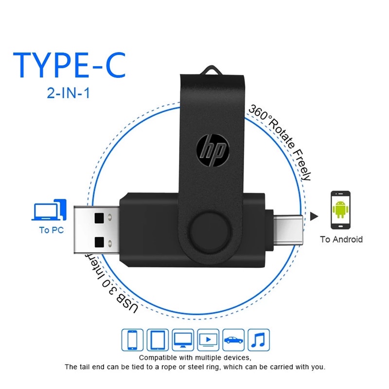 Flashdisk HP 3in1 OTG USB Type C/Micro Flash Drive 2tb 1tb 512gb 256gb Flashdisk High Speed Pen Drive Untuk HP/Tablet/PC