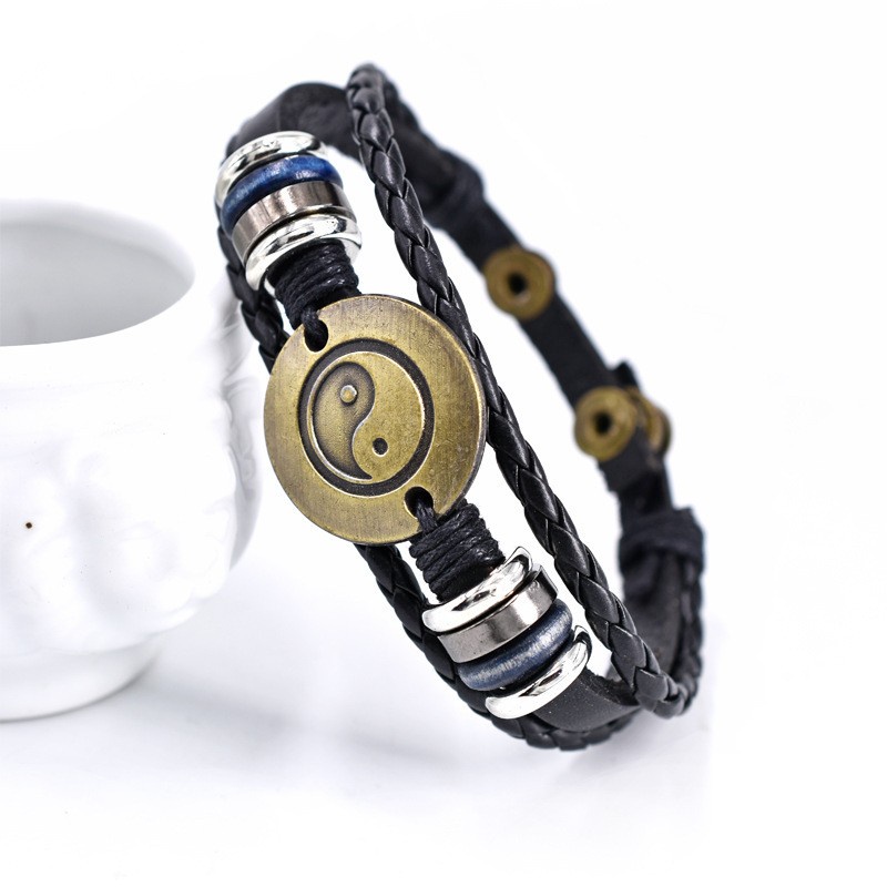 [Z H Perhiasan] Vintage Bagua Manik-Manik Gelang Kulit Pria Dan Wanita Fashion Stainless Steel Multilayer Gelang Punk Pesta Rock Perhiasan Aksesoris