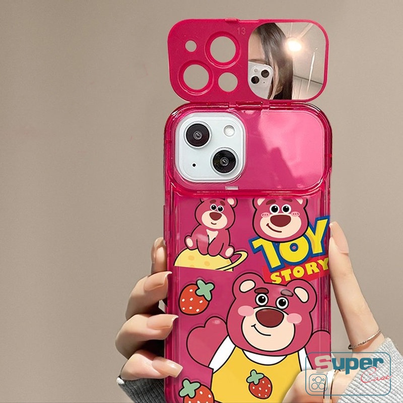 IPHONE Cute Strawberry Bear Manyo Shockproof Case Kompatibel Untuk Iphone14 13 11 12 Pro MAX XR X7 8 14 Plus XS MAX SE Kartun Toy Story Buzz Lightyear Flip Make Up Mirror Soft Cover