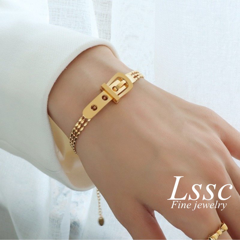 Gelang Titanium Wanita Anti Karat Gesper Sabuk Emas 18K Elegan Cantik Korea Aksesoris Perhiasan Fashion