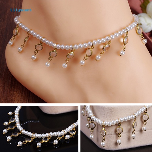 Lilyscent Wanita Mutiara Imitasi Berlian Imitasi Gelang Kaki Jumbai Barefoot Ankle Foot Jewelry