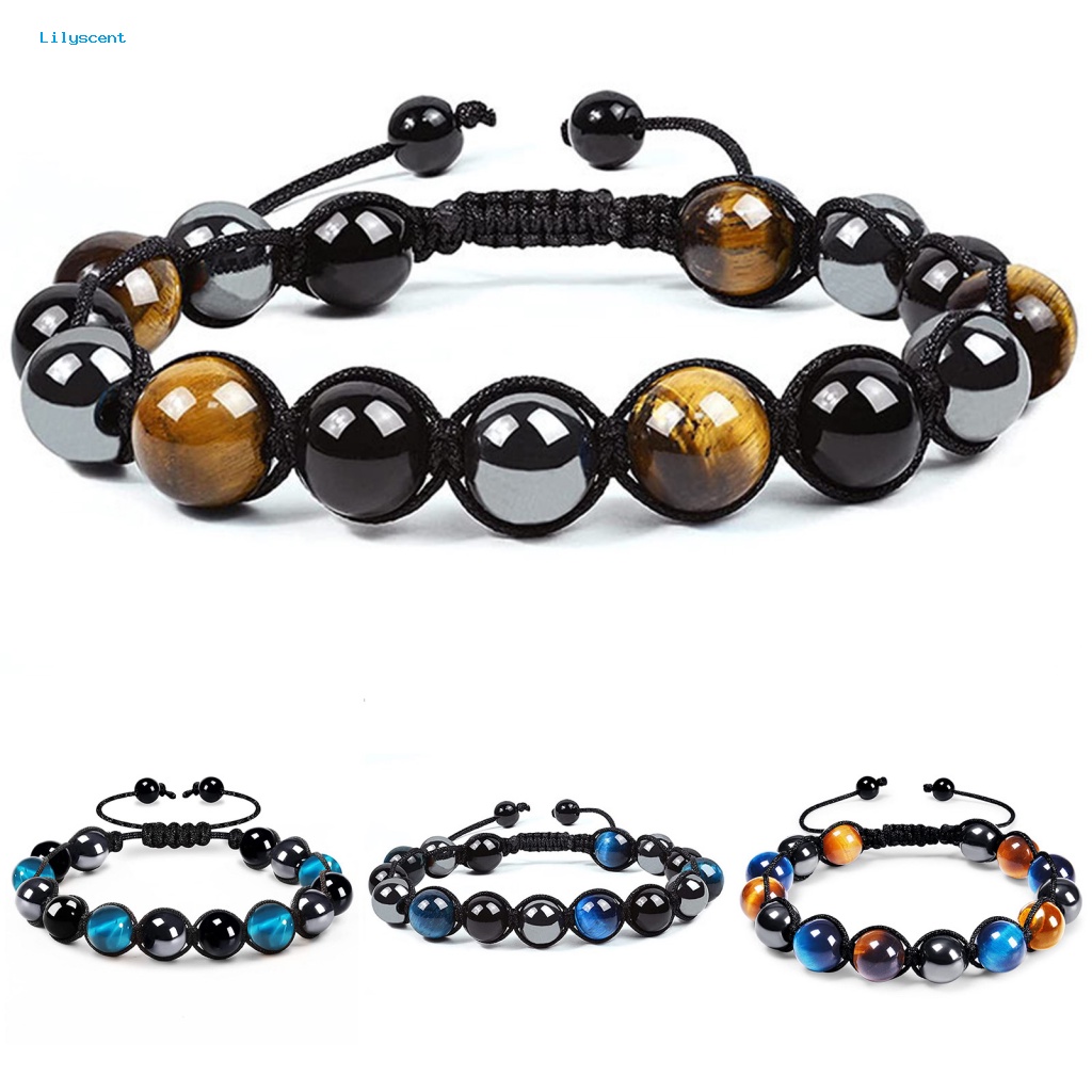 Lilyscent Gelang Manik-Manik Anti Luntur Perlengkapan Pesta Obsidian Hematite Pria Wanita Bracelet Glossy