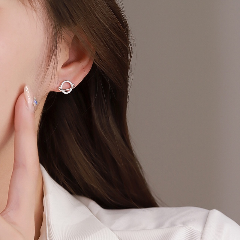 Anting Korea Sederhana Planet Zirkon Anting Pejantan Telinga Emas Baja Titanium Wanita Fashion Perhiasan Earrings