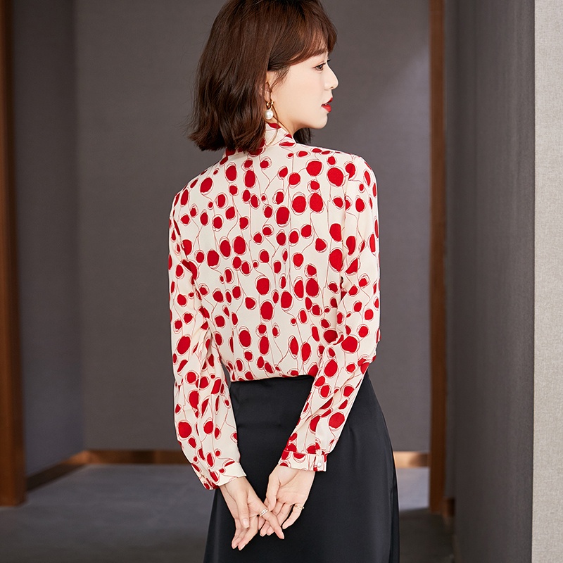 High Quality Fabric Fashion Korean Style Bow Tie Blouse for Women Long Sleeve Blouses Work Casual Blus Lengan Panjang Wanita