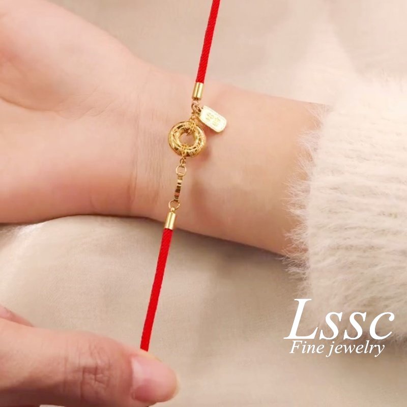 Gelang Tali Titanium Wanita Anti Karat Emas 18K Bulat Merah Keberuntungan Aksesoris Perhiasan