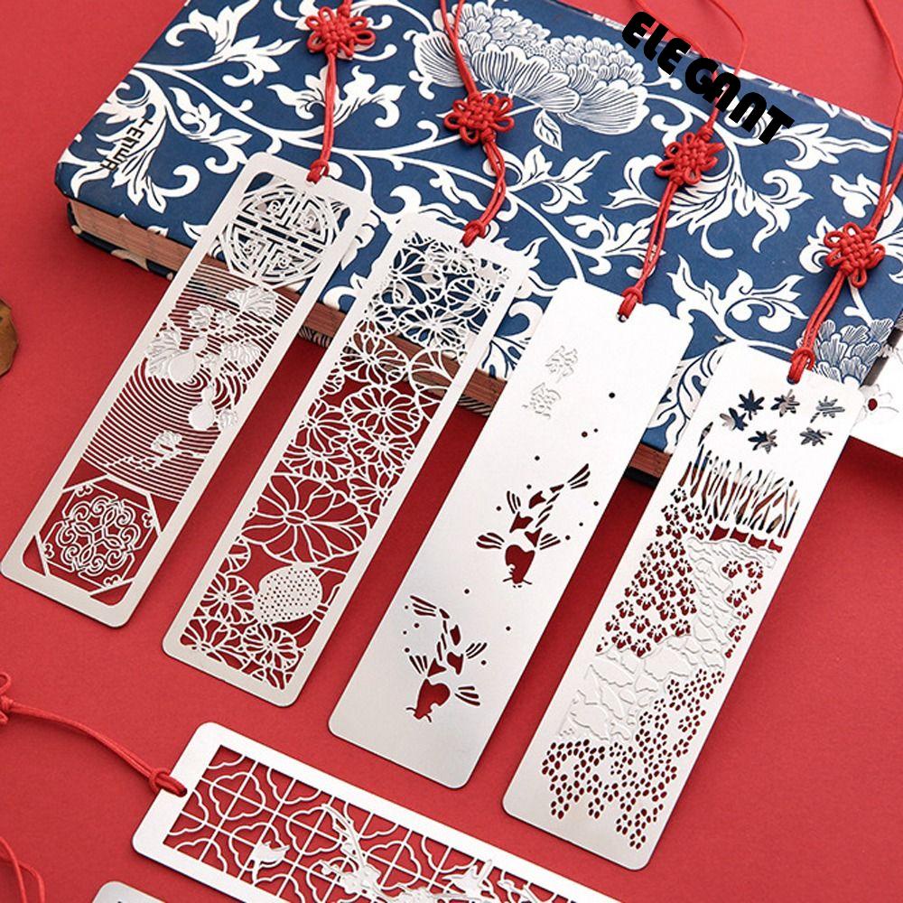 [Elegan] Logam Bookmark Stainless Steel Perlengkapan Sekolah Halaman Pemegang Perlengkapan Belajar Gaya Retro Cina Berongga Label Halaman Simpul Merah
