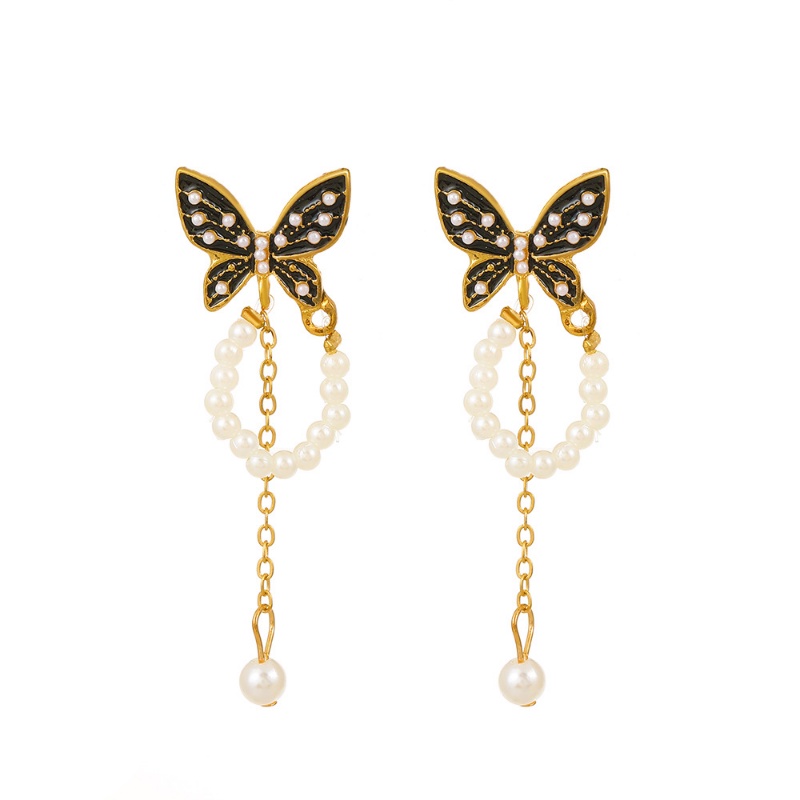 Korea Retro Hitam Kupu-Kupu Rumbai Anting Temperamen Fashion Mutiara Rantai Ladies Earrings