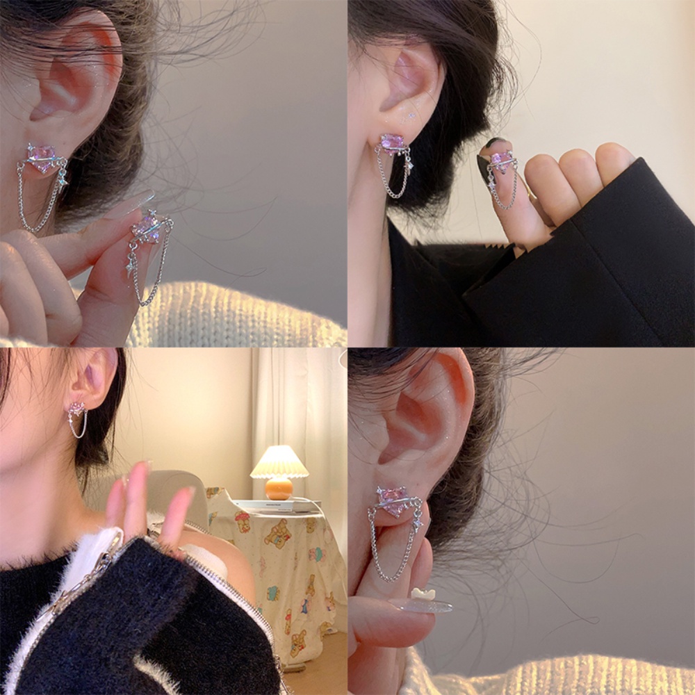 Pink Berbentuk Hati Zirkon Rumbai Rantai Anting Wanita Cahaya Mewah Niche Desain Rasa High-end Anting Kepribadian Temperamen Anting Permen Perhiasan