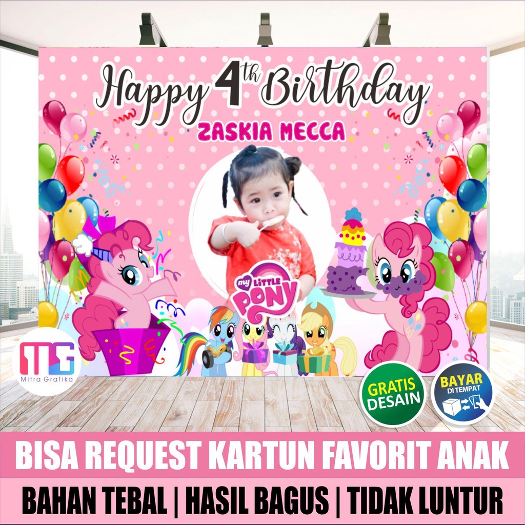 Cetak Spanduk ultah anak tema kuda poni   / banner ulang tahun anak tema unicorn /backdrop perlengka