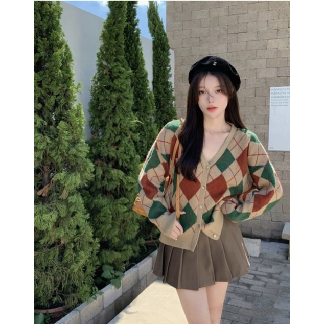 IMPORT NAMRA WOMAN KNIT ARGYLLE CARDIGAN KOREAN STYLE KARDIGAN RAJUT WANITA MUSIM DINGIN