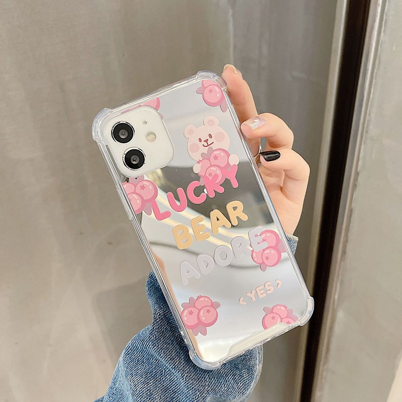 [Anti Jatuh Cermin] Pretty Silver Makeup Silikon Soft Case IPhone 6S 7 8 Plus X XR XS Max IPhone 11 12 13 14 Pro Max 14 Plus 7+8+12 13 Mini Wanita Cewek Lucu Tomat Blueberry Bear