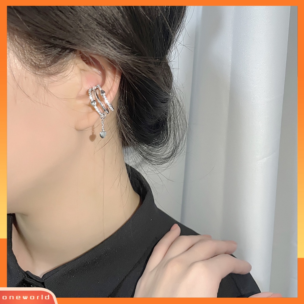 [EONE] 1pc Manset Telinga Non-Piercing Multi-Layer Keren Berlebihan Berlian Imitasi Cinta Hati Rumbai Tulang Rawan Klip Anting Perhiasan Fashion