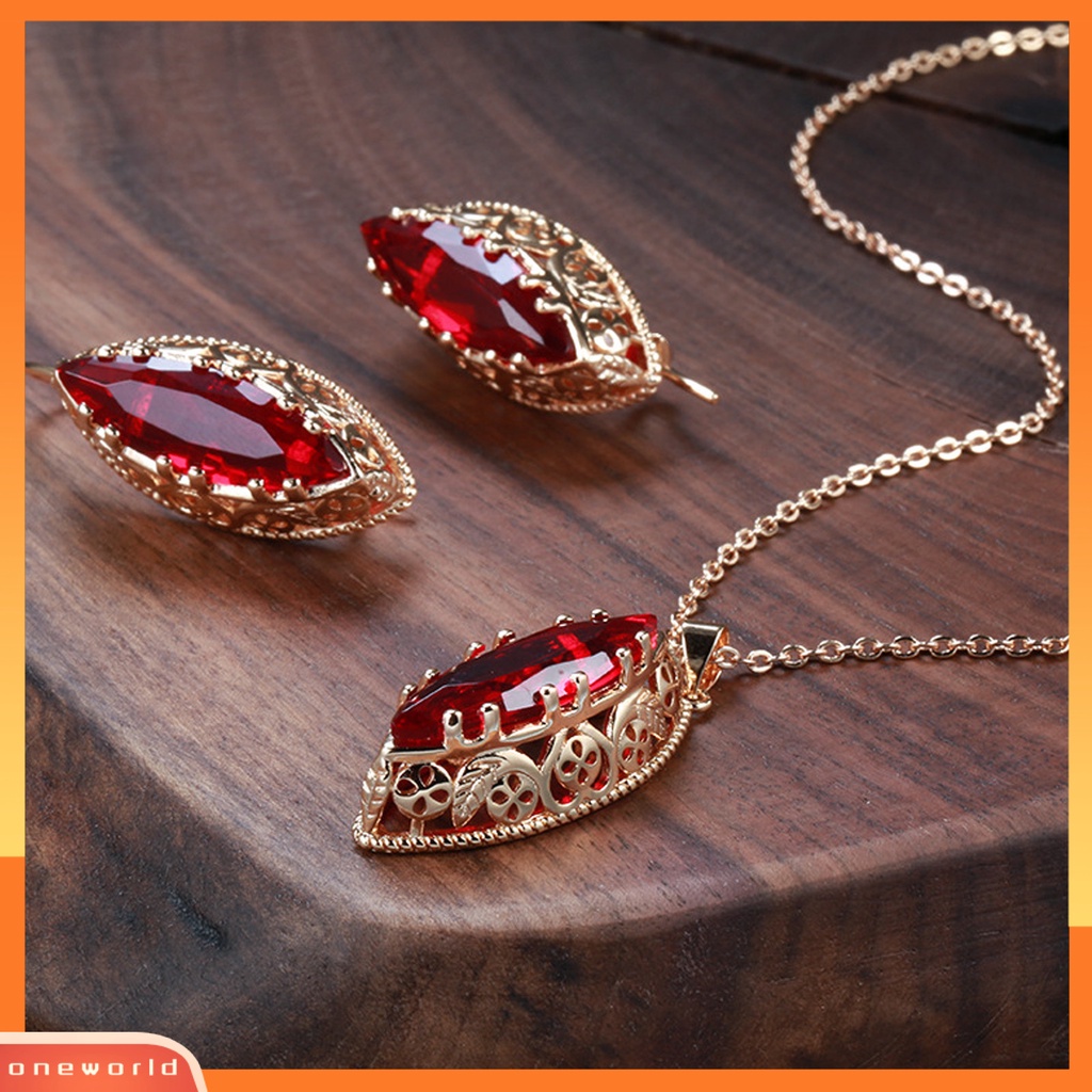 [EONE] 1set Kalung Anting Set Vintage Elegan Hollow Oval Liontin Adjustable Bright Luster Hias Hadiah Pengantin Wanita Faux Gemstone Menjuntai Kalung Anting Set Untuk Pesta