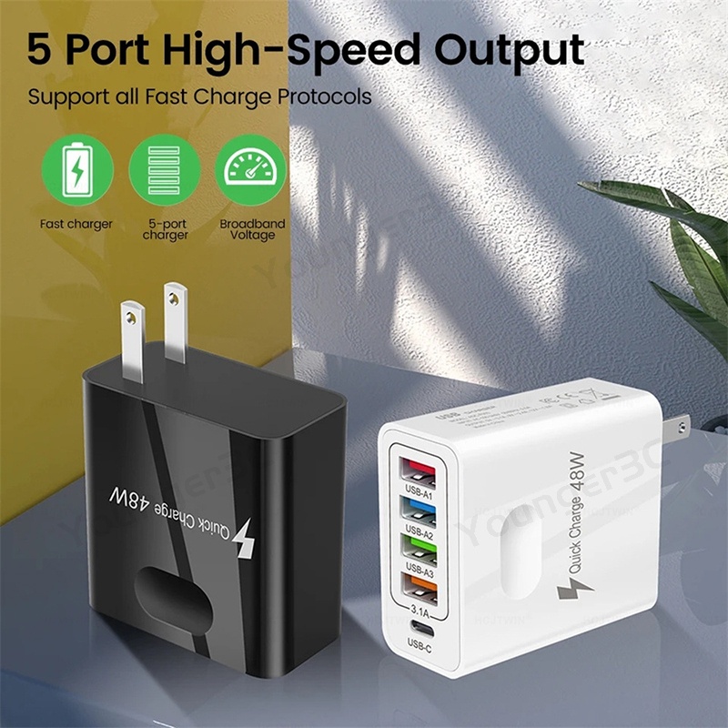 Grosir 48W 4U+PD Travel adoptor Charger 5in1 Charger Telepon Multi Antarmuka 2PD+adaptor Cas 3USB Untuk ios Micro Tipe C