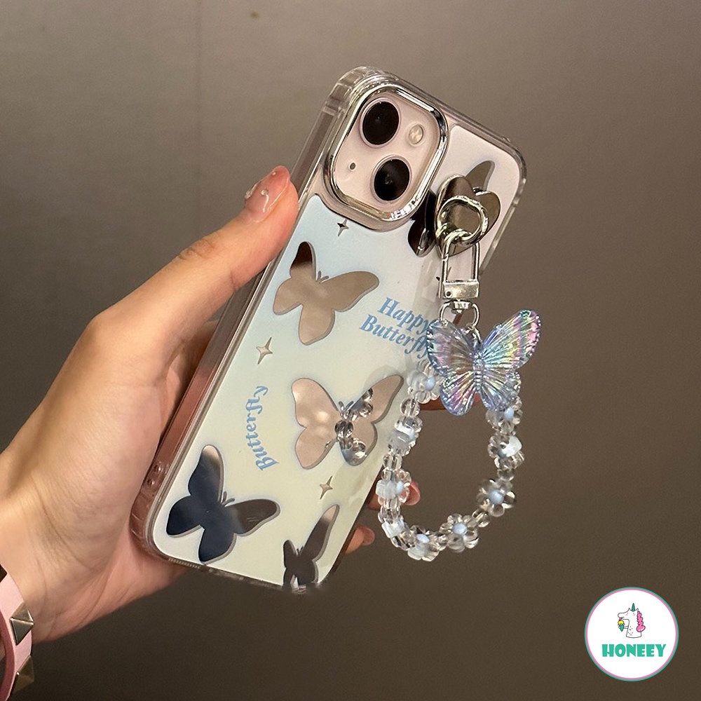 Cermin Rantai Kupu-Kupu Charms Strap Phone Case Untuk iPhone 14 Pro 13 11 12 Pro Max Cases Modis Wanita Lucu Soft Cover