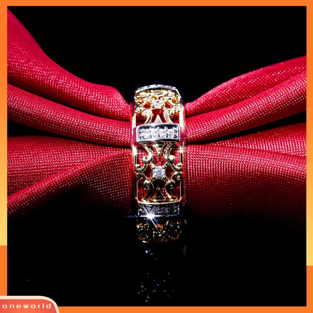 [EONE] Wanita Cincin Gaya Vintage Berongga Ukiran Dua Warna Kuno Bling Cubic Zirconia Ladies Finger Ring Fashion Jewelry