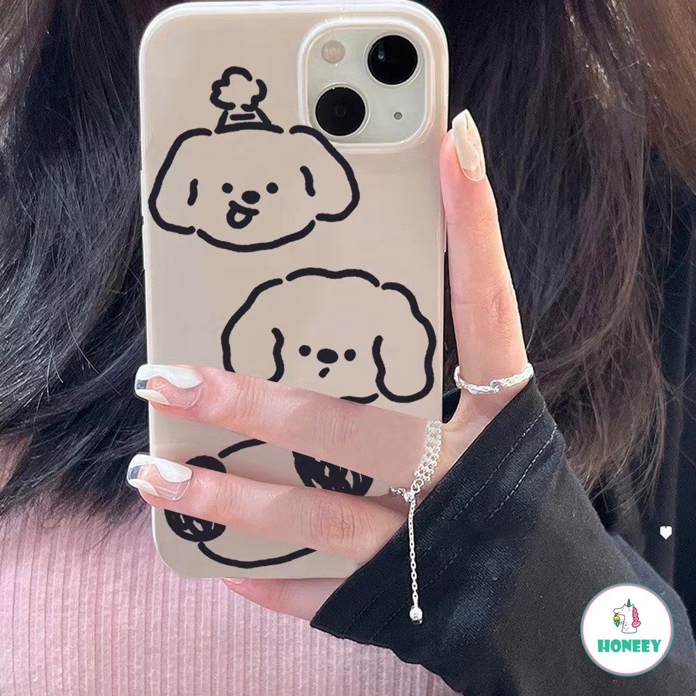 IPHONE Ins Line Dog Silikon Lembut Shockproof Kartun Lucu Indah Puppy Capa Untuk Iphone11 12 13 14 Pro Max 12 Pro Lembut TPU Penutup Belakang