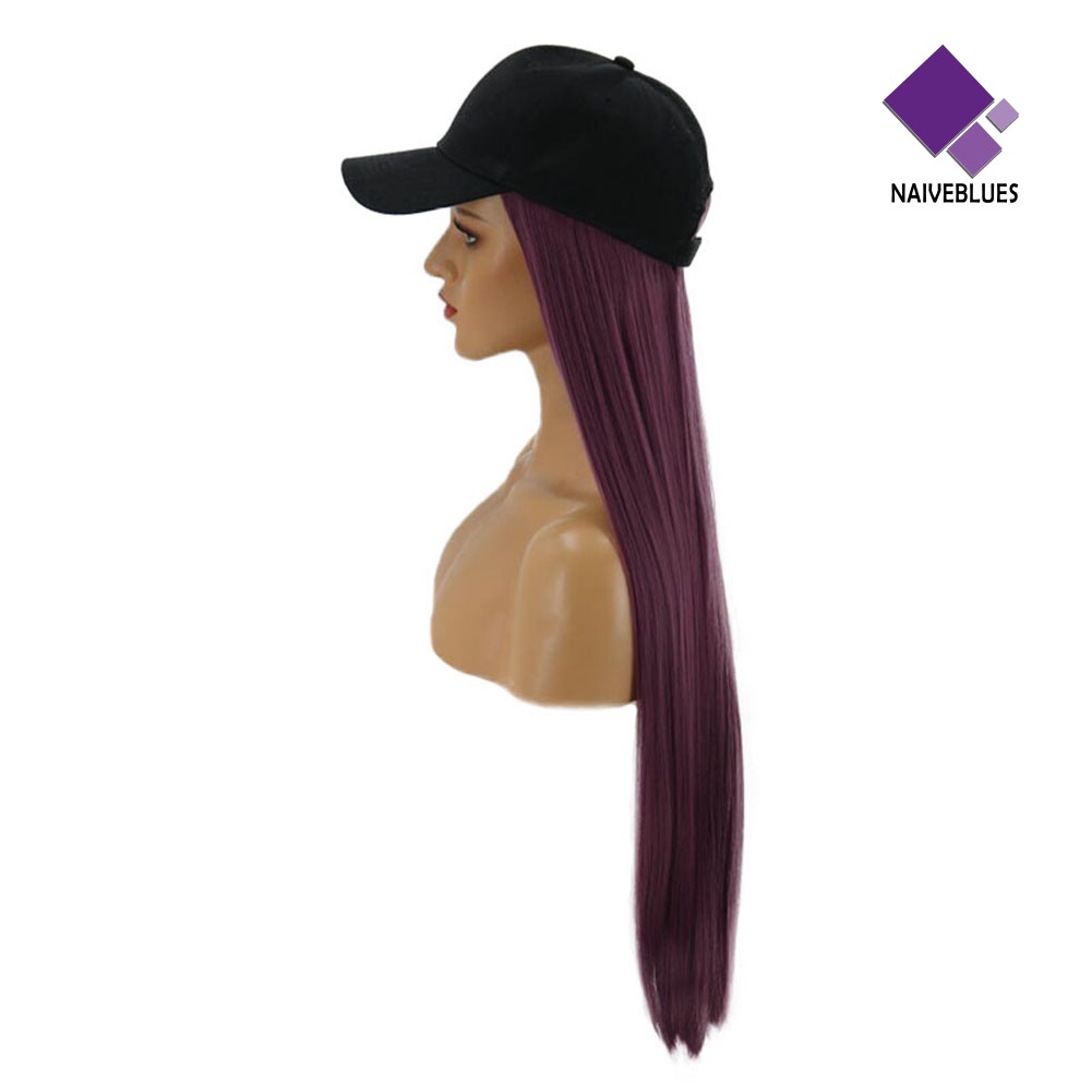 &lt; Naiveblues &gt; Rambut Sintetis Wanita 2in1 Lurus Panjang Dengan Topi Hairpiece Pesta