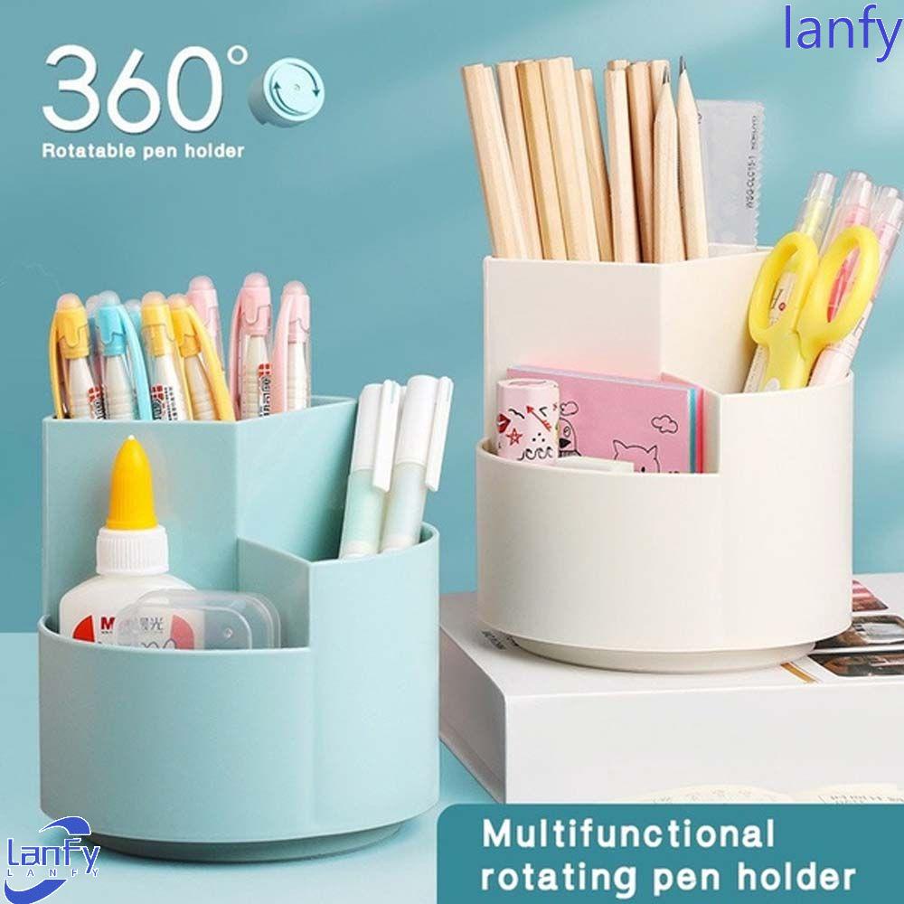 Lanfy Round Pen Holder Gift Kapasitas Besar Desktop Storage Box Make up Brush Holder Berputar 360derajat Tiga Slot Tempat Penyimpanan Brush Kosmetik