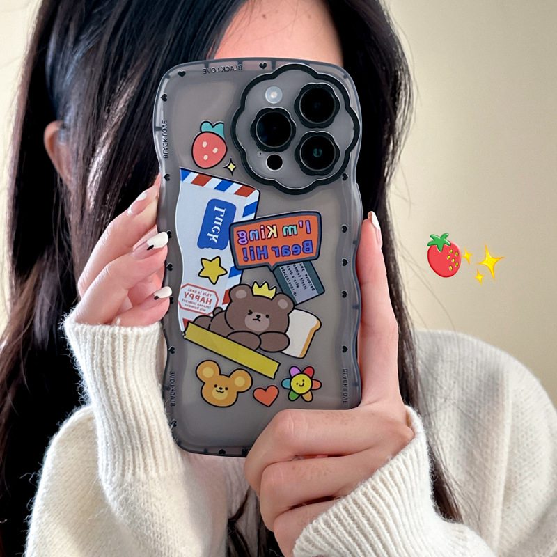 【Flower Camera】Crown Bear Soft TPU Case HP iP iPhone 11 12 13 14 Pro Max 7 8 + Plus SE 2020 X XS XR Max Black Clear FTD Casing Apple