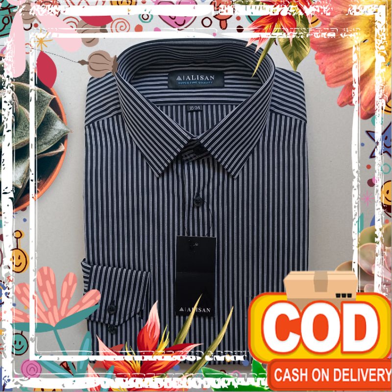 Alisan Kemeja Reguler Lengan Panjang Motif Salur Besar Hitam/ tebel pol
