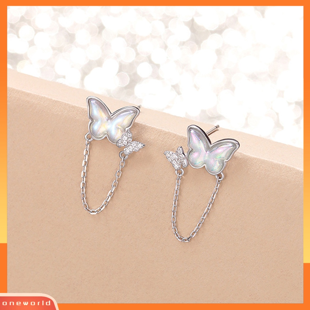 [EONE] 1pasang Ear Studs Mini Faux Moonstone Elegan Berlian Imitasi Tertanam Kupu-Kupu Rantai Wanita Anting Perhiasan Fashion