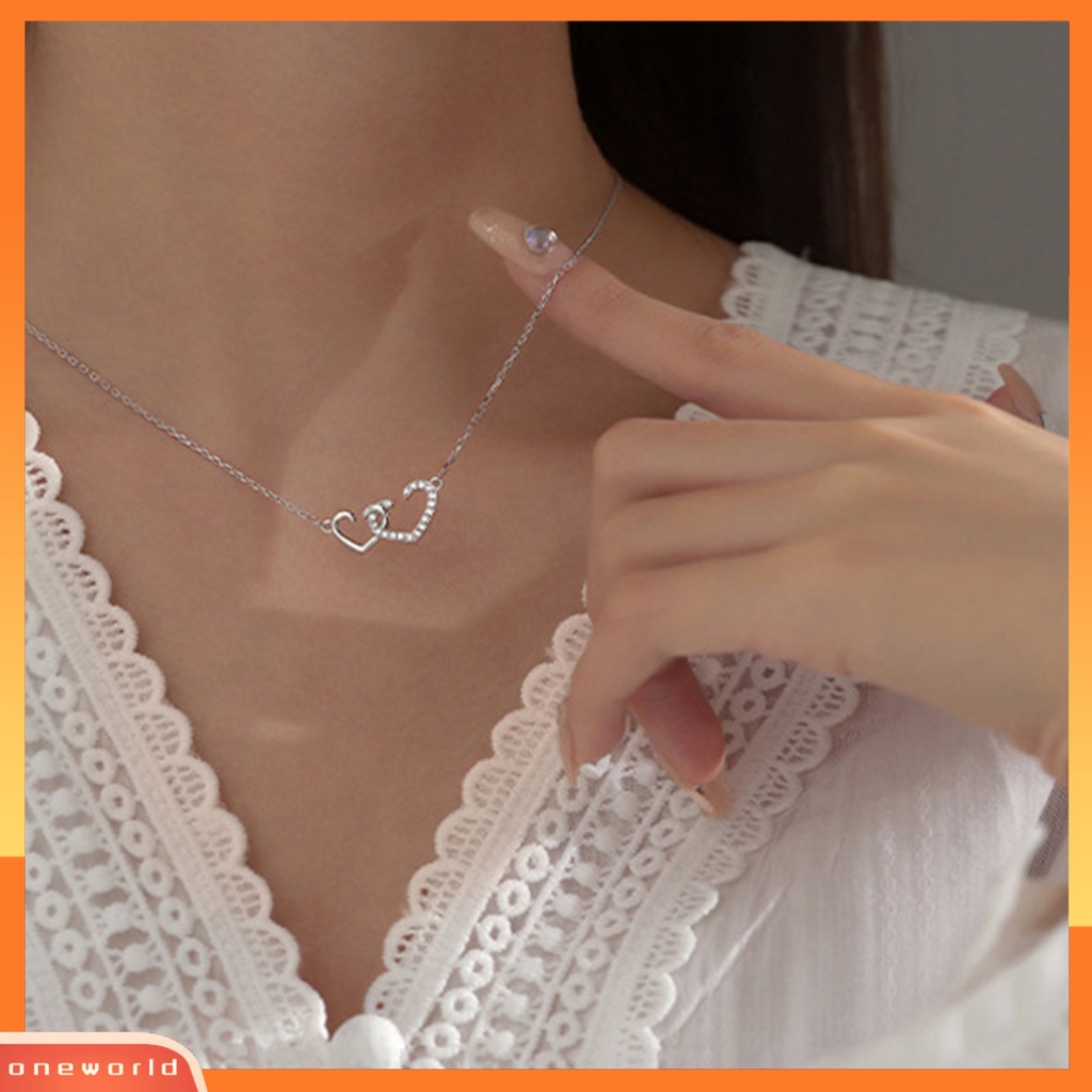 [EONE] Wanita Kalung Berlian Imitasi Mengkilap Elegan Hias Adjustable Perhiasan Hadiah Manis Berongga Ganda Cinta Hati Liontin Kalung Rantai Klavikula Untuk Pesta