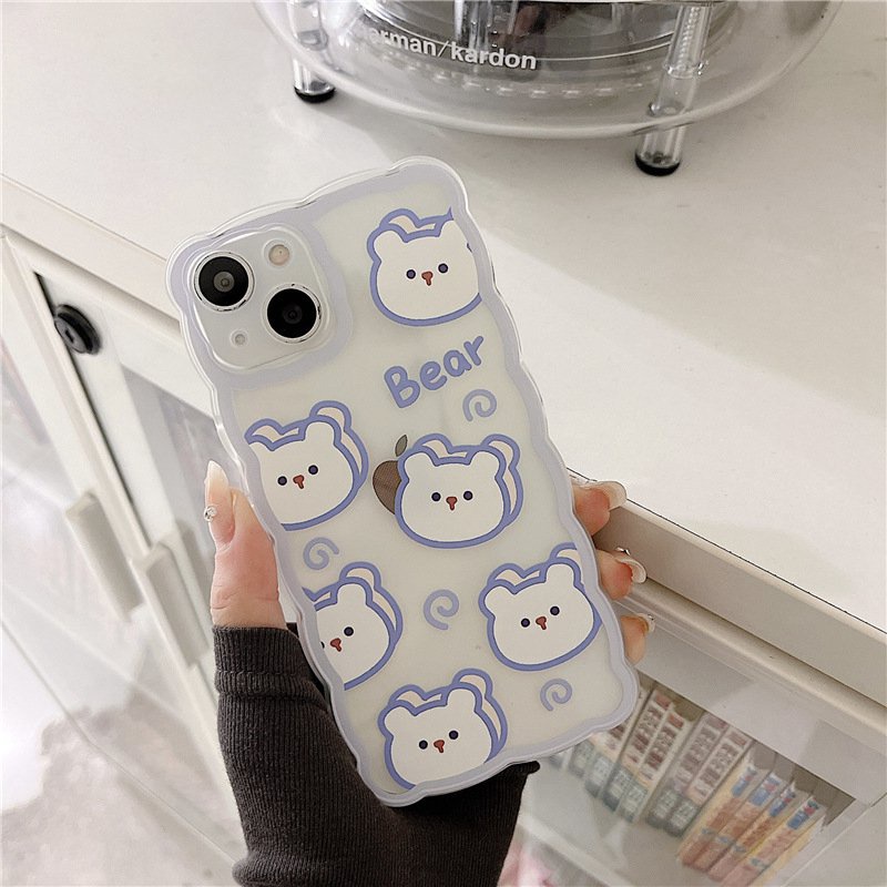 【INS Wave】Blue Line Bear Head Soft TPU Case HP iP iPhone 11 12 13 14 Pro Max 7 8 + Plus SE 2020 X XS XR Max Girl Woman Clear FTD Casing Apple