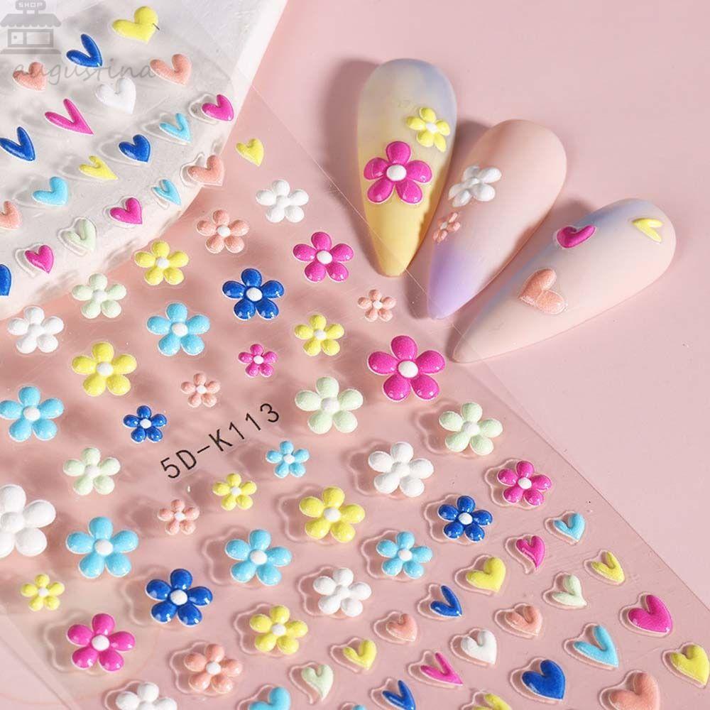 Agustina Bunga Stiker Kuku Wanita 5D Relief Cinta Hati Daisy Self Adhesive Dekorasi Kuku
