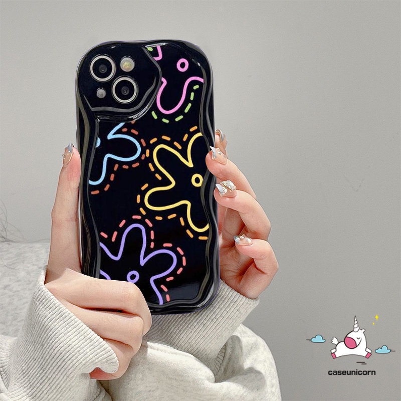 Casing Ponsel Glossy Tahan Guncangan Kompatibel Untuk iPhone 11 Pro Max XR X7 8 6s 6 Plus 14 12 13 Pro Max XS Max SE 2020 Fashion Garis Sederhana Bunga 3D Wavy Curved Edge Soft Flowers Cover