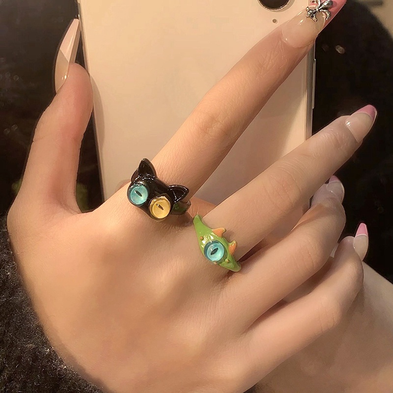 Kartun Hijau Monster Cincin Fashion Manis Dua Warna Mata Kucing Pembukaan Cincin Kekasih Pasangan Cincin Gadis Aksesoris Fashion