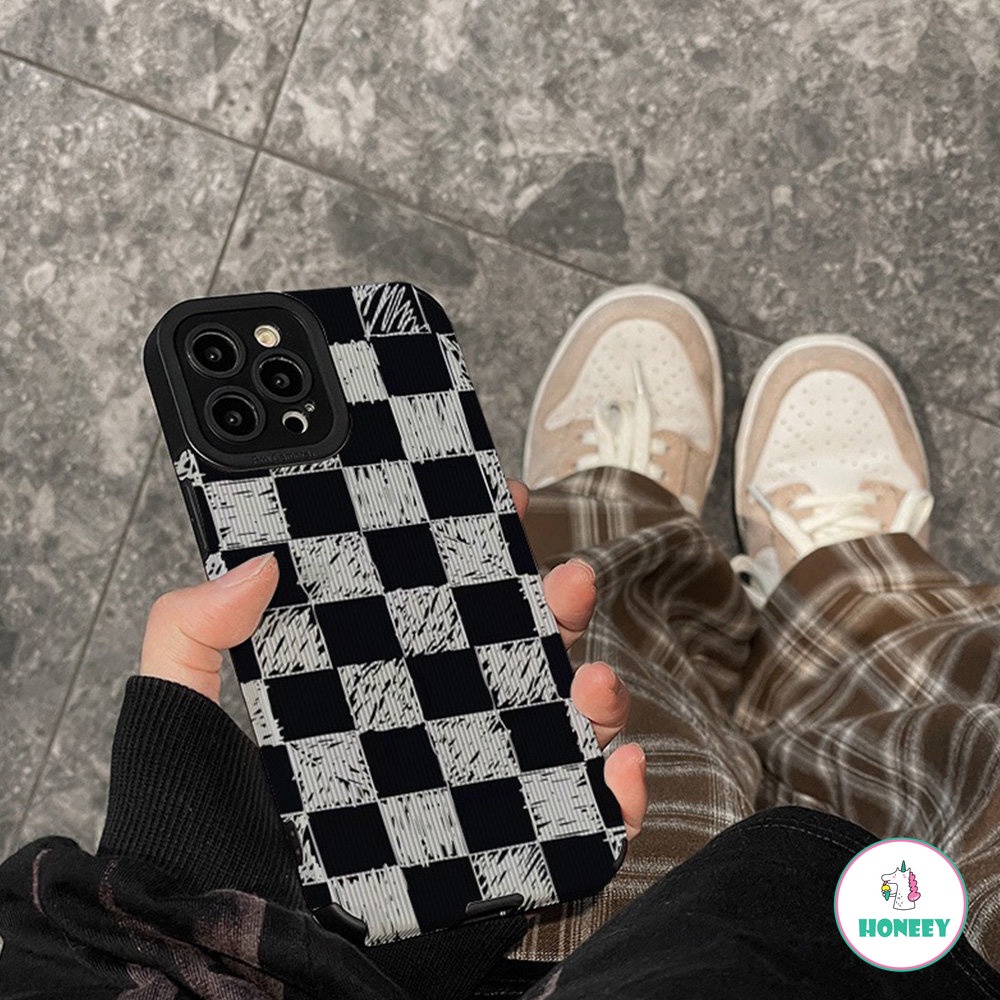 IPHONE Kain Kotak-Kotak Hitam Kain Fashion Phone Case Untuk Iphone14 13 12 11 Pro Max7 8 14 Plus X XR XSMAX Tweed Bingkai Silikon Shockproof Bumper Cover