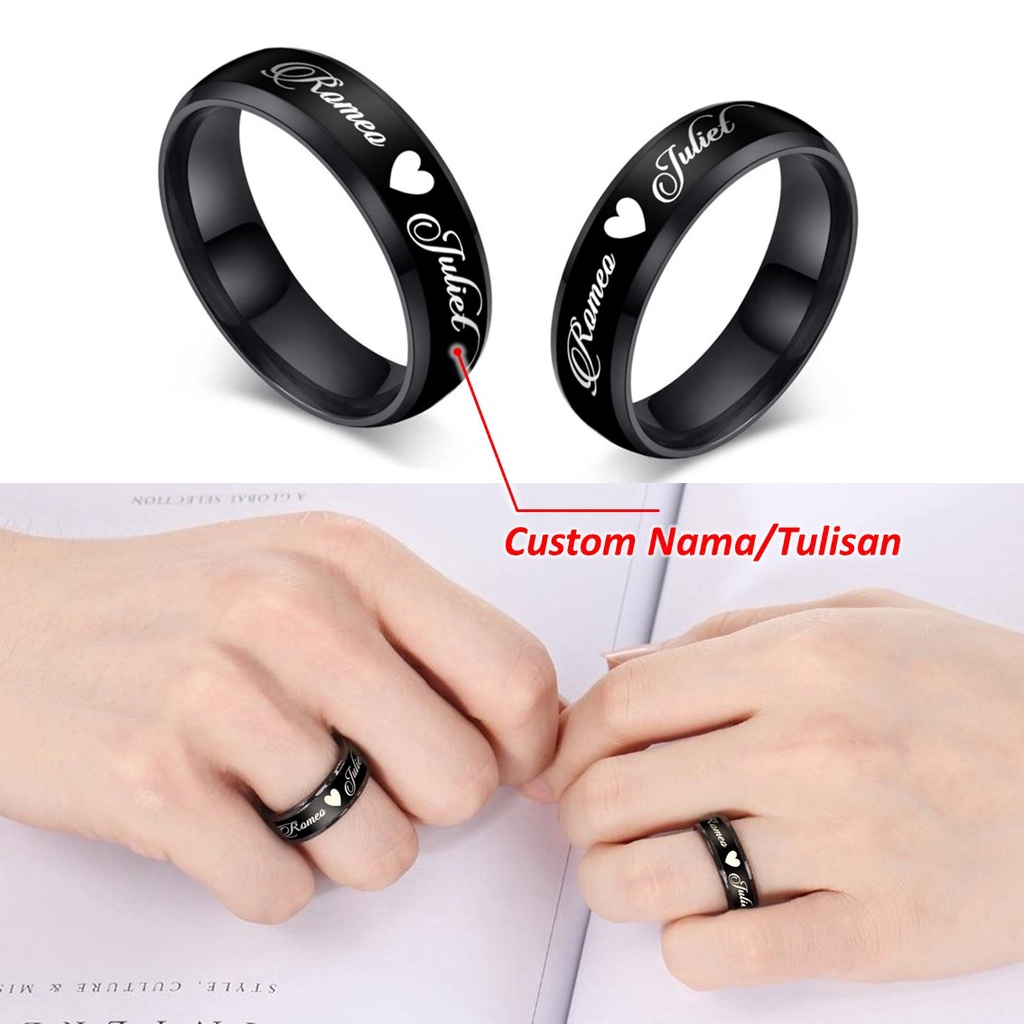 CINCIN CUSTOM TULISAN NAMA TANGGAL TEKS HITAM BLACK EDITION STAINLESS ANTI KARAT SIMPLE