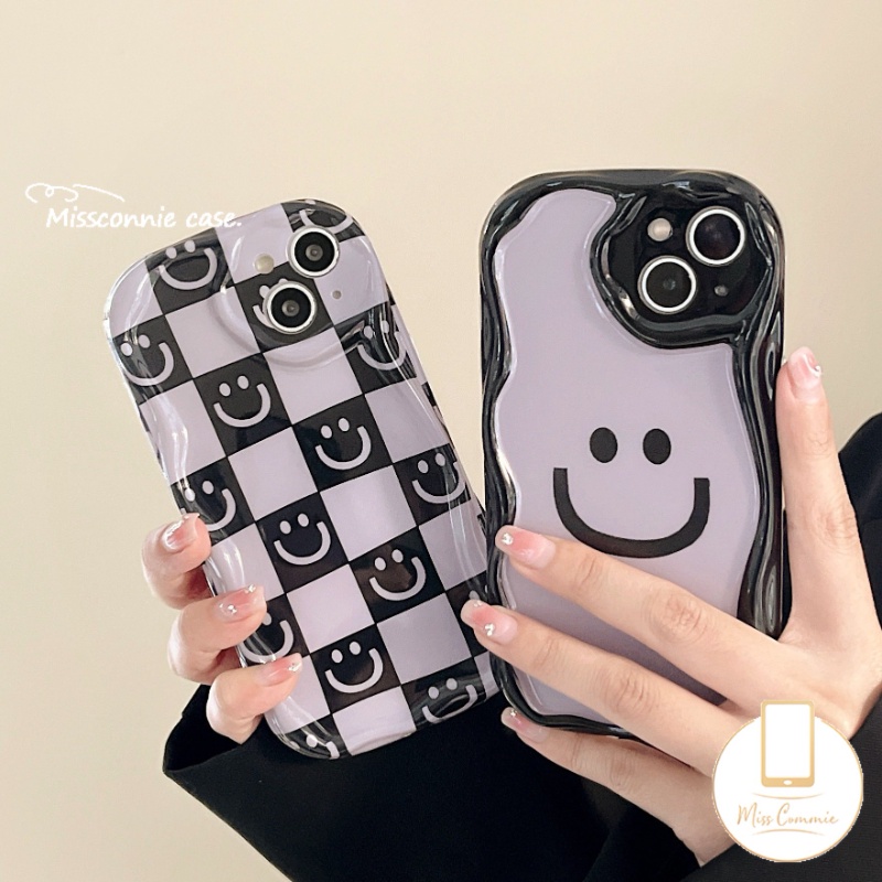IPHONE Case Smiley Kartun Kotak-Kotak Kompatibel Untuk Iphone11 14 12 13 Pro Max 7Plus 8Plus XR X7 8 6s 6 Plus XS Max SE 2020 Senyum Lucu 3D Wavy Curved Edge Shockproof Glossy Soft Cover