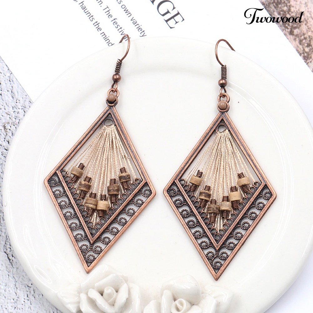 Twowood Bohemian Wanita Berongga Belah Ketupat Liontin Benang Menjuntai Drop Hook Anting Perhiasan