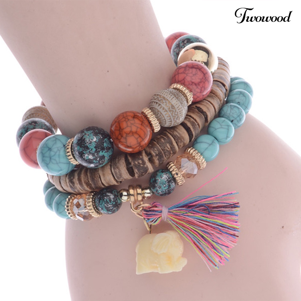 Twowood 3Pcs/Set Bohemian Wanita Gajah Rumbai Pesona Ceko Batu Manik-Manik Gelang Hadiah