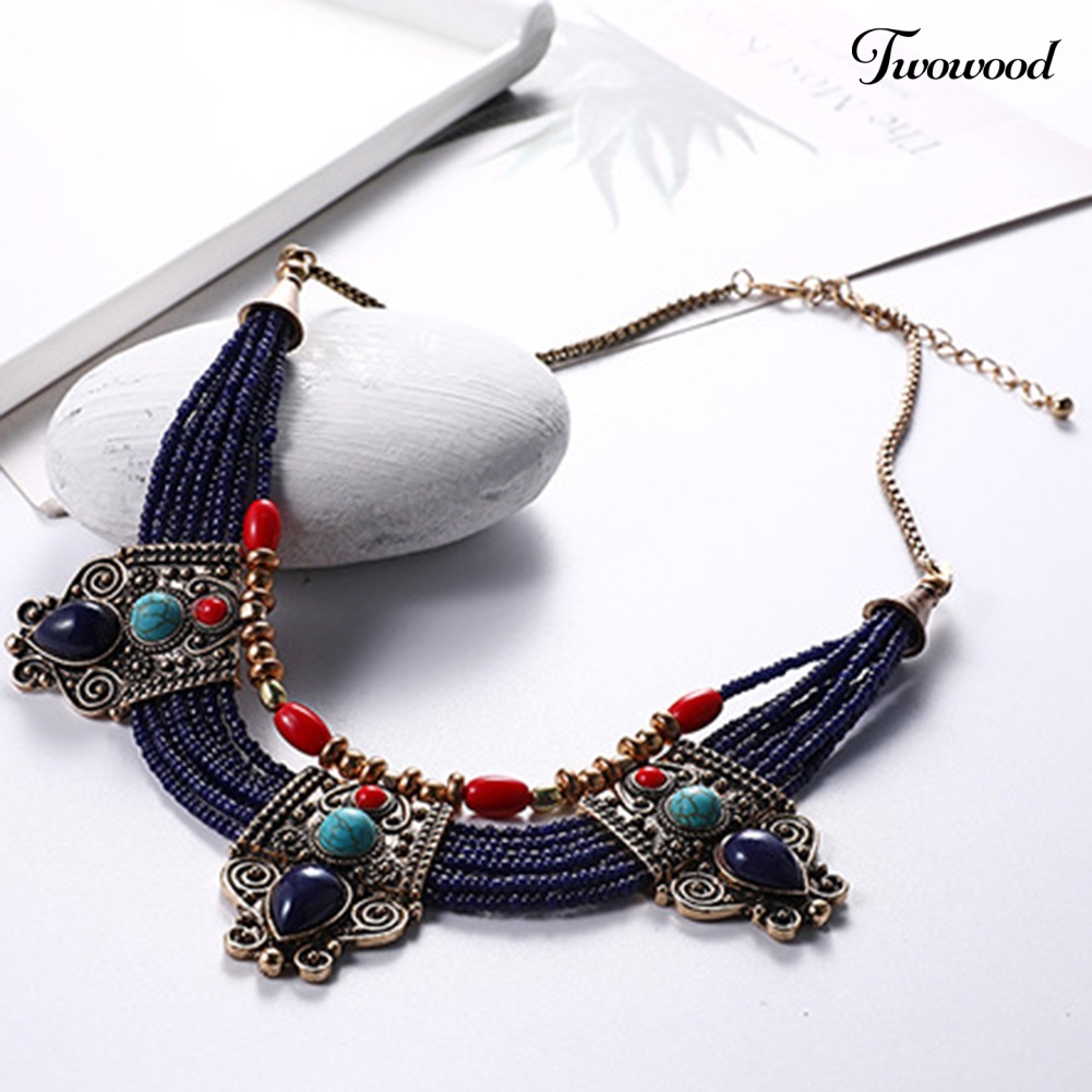 Twowood Boho Wanita Multilayer Beads Rhinestones Hias Statement Chain Bib Kalung