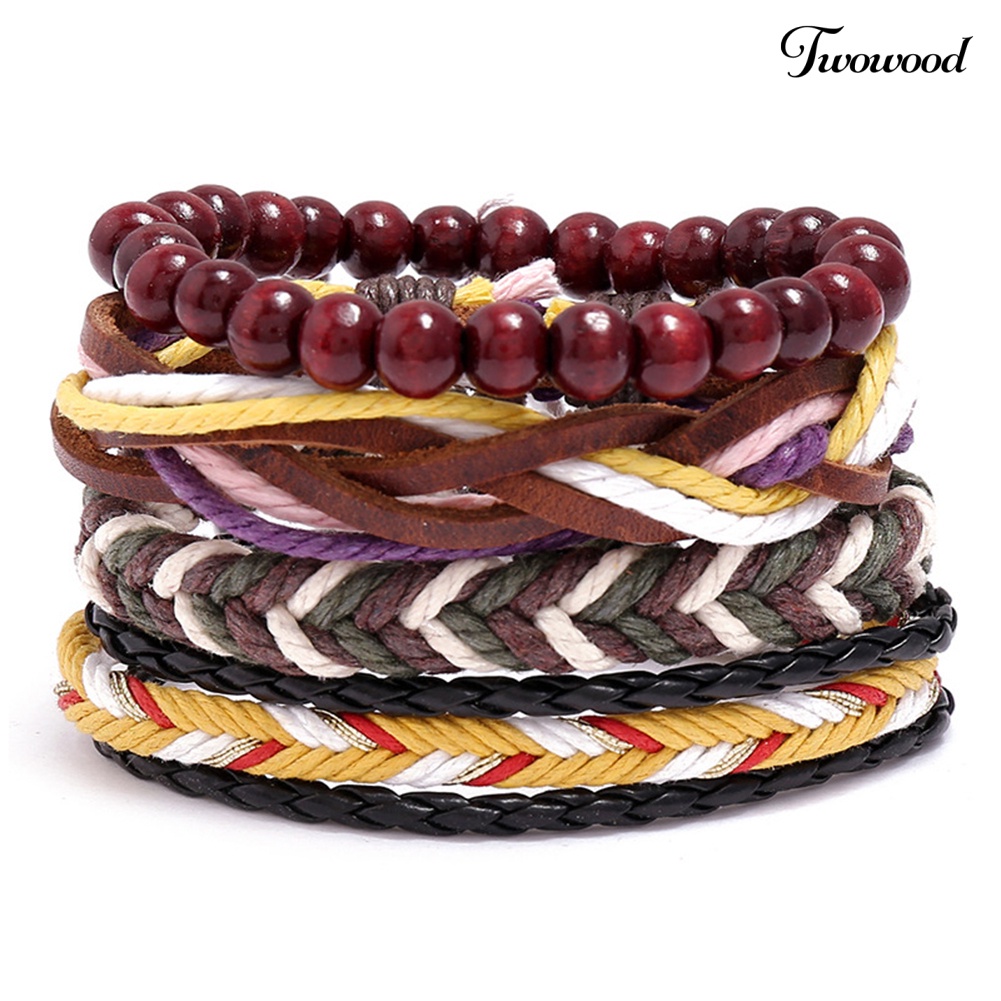 Twowood 4Pcs Pria Kulit Imitasi Adjustable Braided Rope Bangle Gelang Pergelangan Tangan Perhiasan