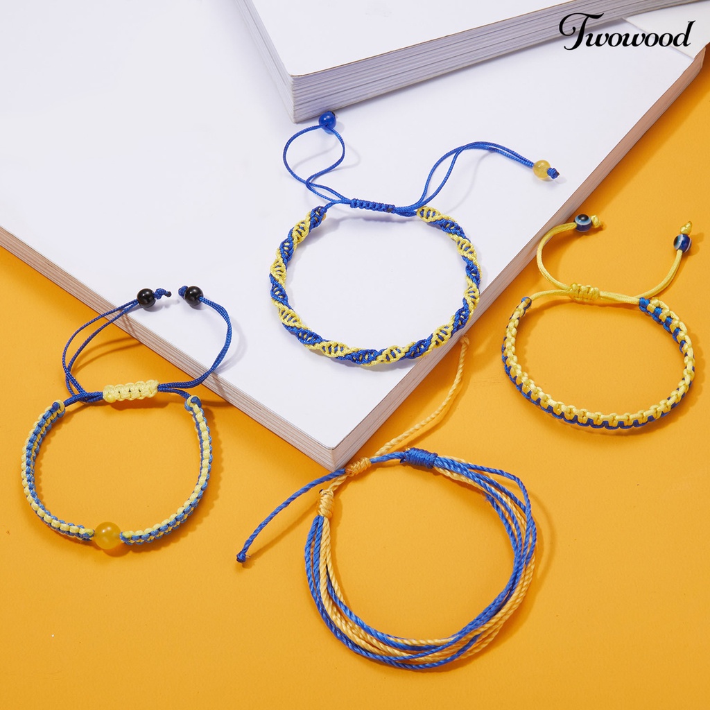 Twowood Tenun Tangan Tali Kuat Dikepang Gelang Tahan Aus Gaya Etnik Biru Kuning Patchwork Adjustable Gelang Perhiasan Aksesoris