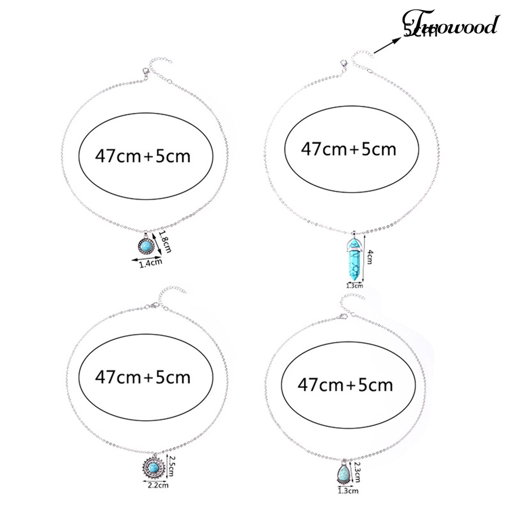 Twowood 1set Statement Kalung Etnik Retro Tetesan Air/Hexagon Prisma Imitasi Biru Turquoise Batu Alam Hoop Earrings Kit Perhiasan Fashion