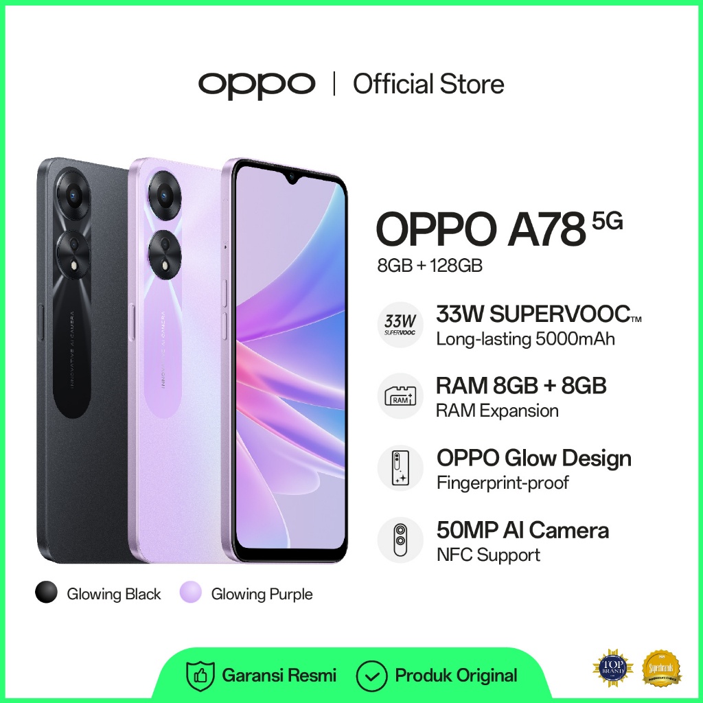 [NEW] OPPO A78 4G 8GB/128GB [33W SUPERVOOC+5000mAh Battery, RAM 8GB+8GB, OPPO Glow Design, NFC Suppo