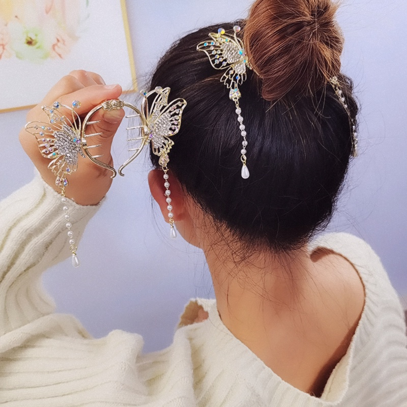 [Unggulan] Temperamen Pengantin Hiasan Kepala Chic Bola Kepala Rambut Cakar Ekor Kuda Halus Ambil Klip Vintage Gesper Rambut Jepit Mutiara Kupu-Kupu Rumbai Jepit Rambut Aksesoris Rambut Wanita