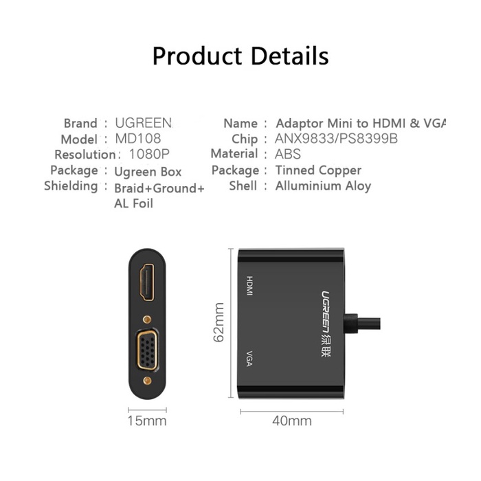 UGREEN Adapter Converter Mini DisplayPort Thunderbolt to HDMI dan VGA