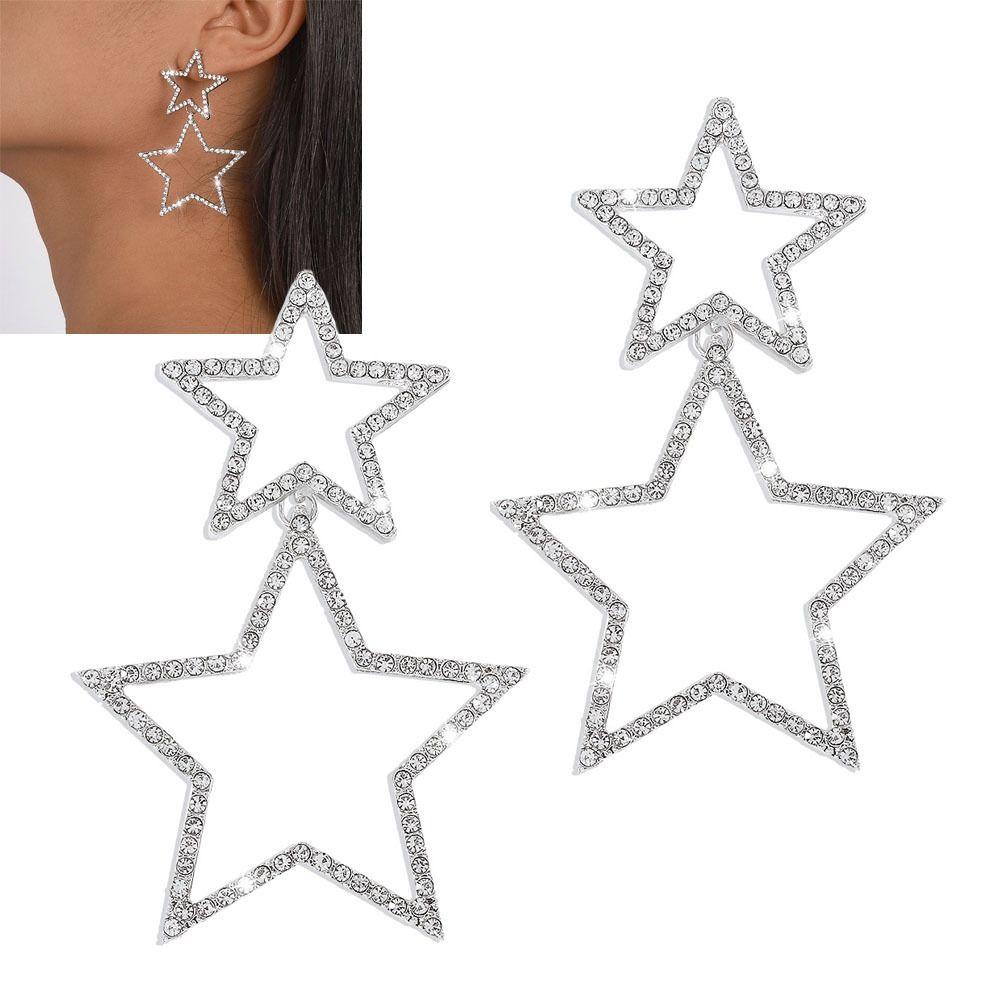Lily Star Anting Kristal Shiny Gold Silver Anting Gantung Berlian Imitasi Menjuntai Perhiasan