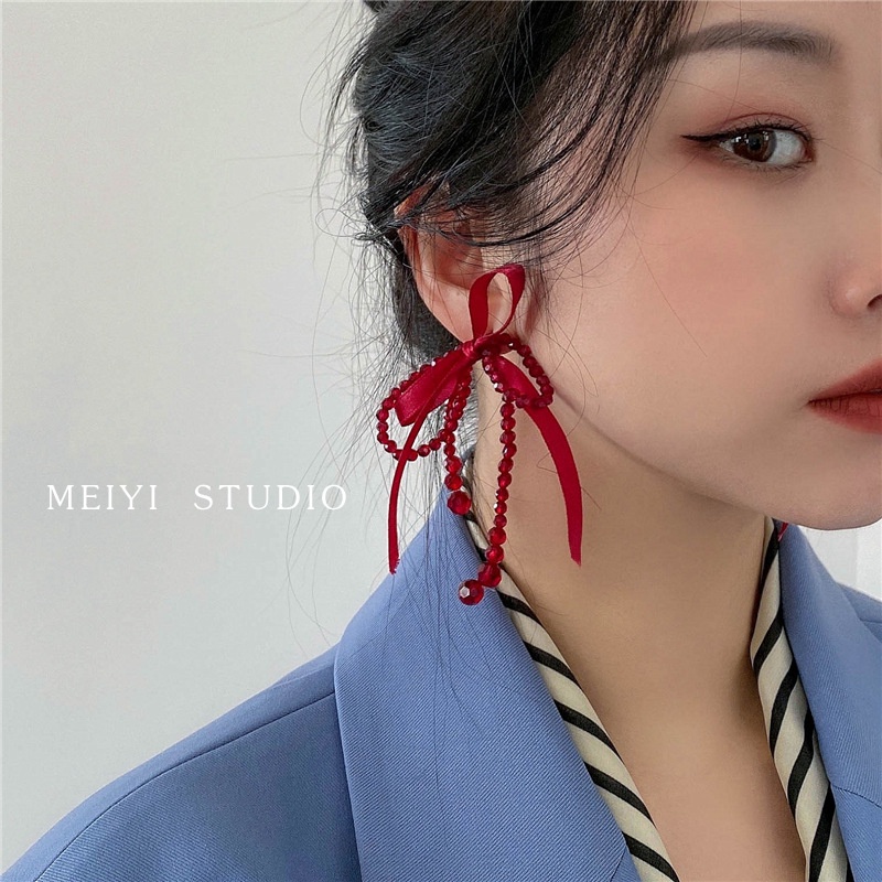 Anting Busur Merah Lucu Kristal Rumbai Temperamen Panjang Anting Korea Perempuan