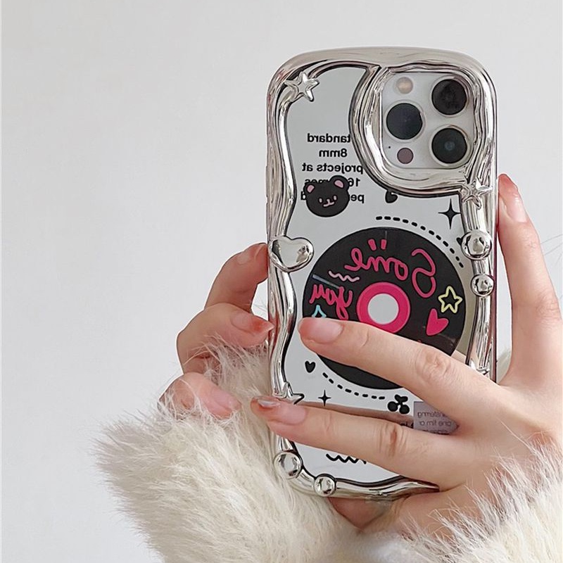 Cream Star Love Mirror Soft CaseiPhone 7 8 Plus IPhone X XS XR Max 11 12 13 14 Pro Max 14 Plus Girl Woman Fashion Tulip Flower Tape CD Record Cute Pretty Case Make Up Casing HP iPhone 12 Pro Max